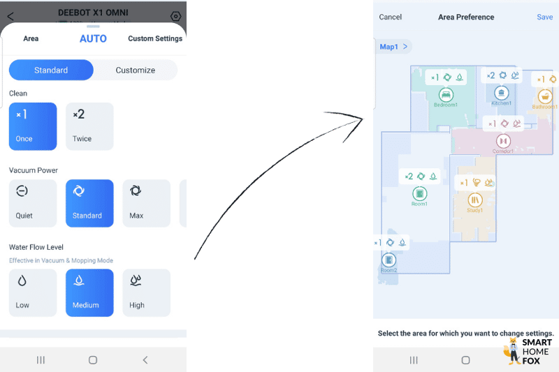 Water flow level is set in the Ecovacs Home App.